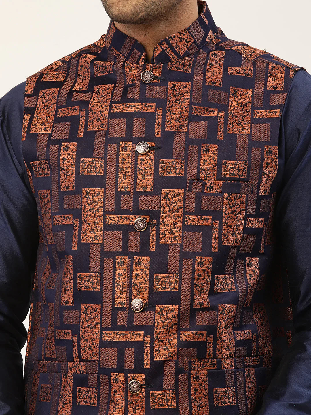 Jompers Men's Bronze & Navy Blue embossed Nehru Jacket - Distacart