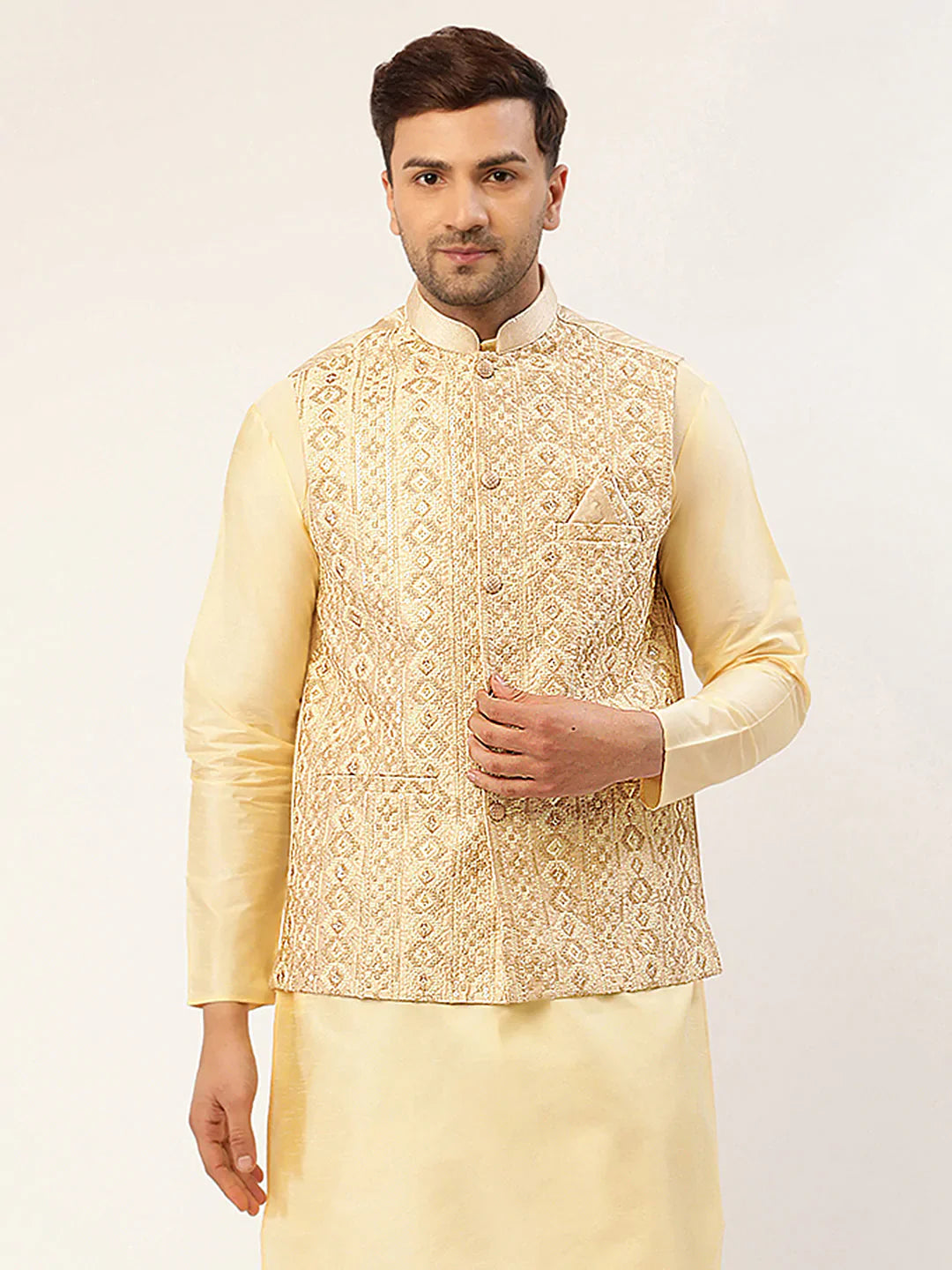 Jompers Men's Cream & Gold Embroidered Woven Nehru Jacket - Distacart