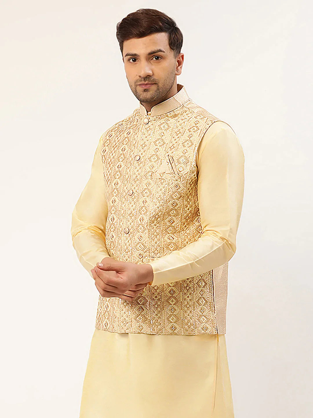 Jompers Men's Cream & Gold Embroidered Woven Nehru Jacket - Distacart