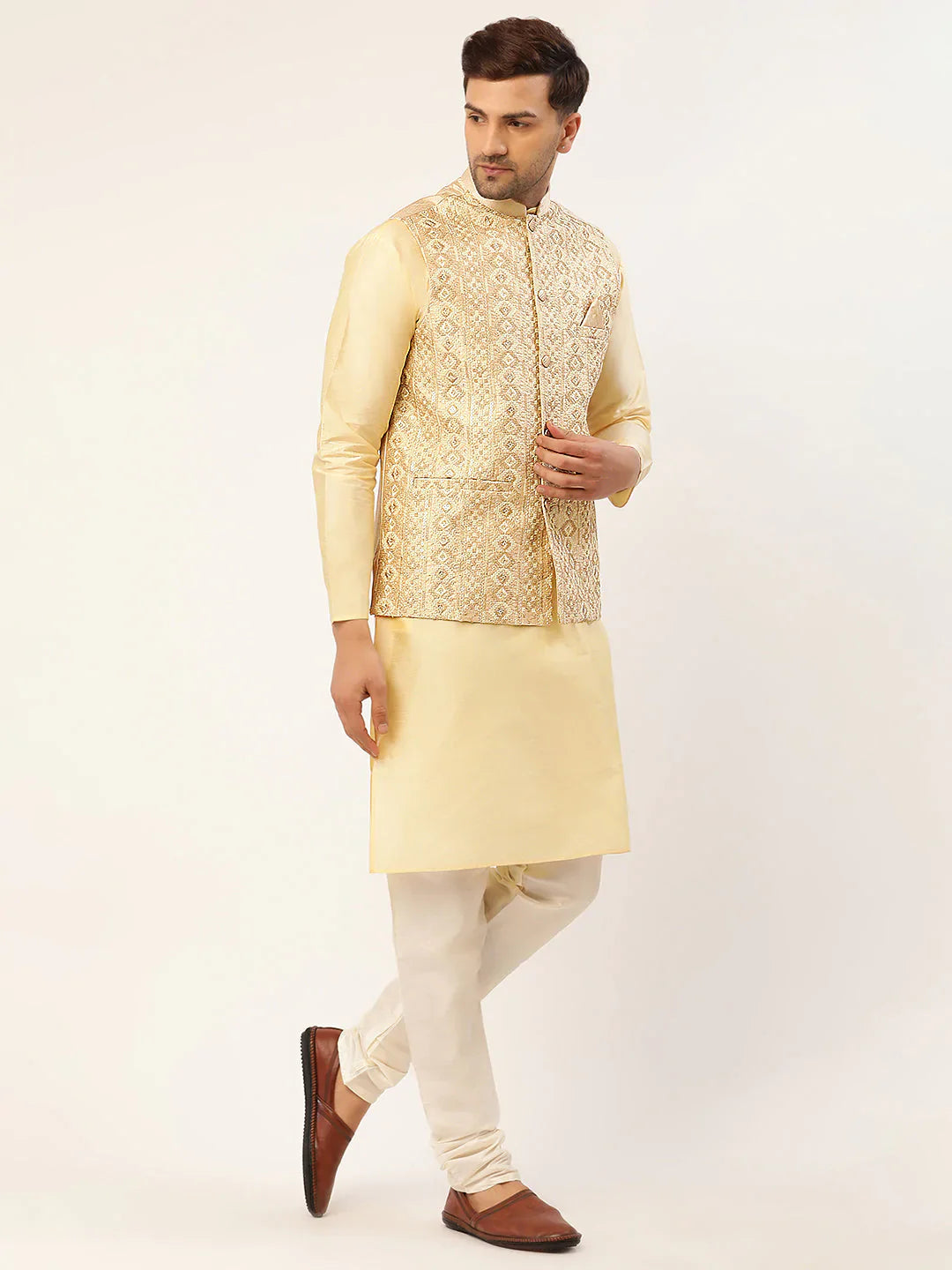 Jompers Men's Cream & Gold Embroidered Woven Nehru Jacket - Distacart