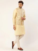 Thumbnail for Jompers Men's Cream & Gold Embroidered Woven Nehru Jacket - Distacart