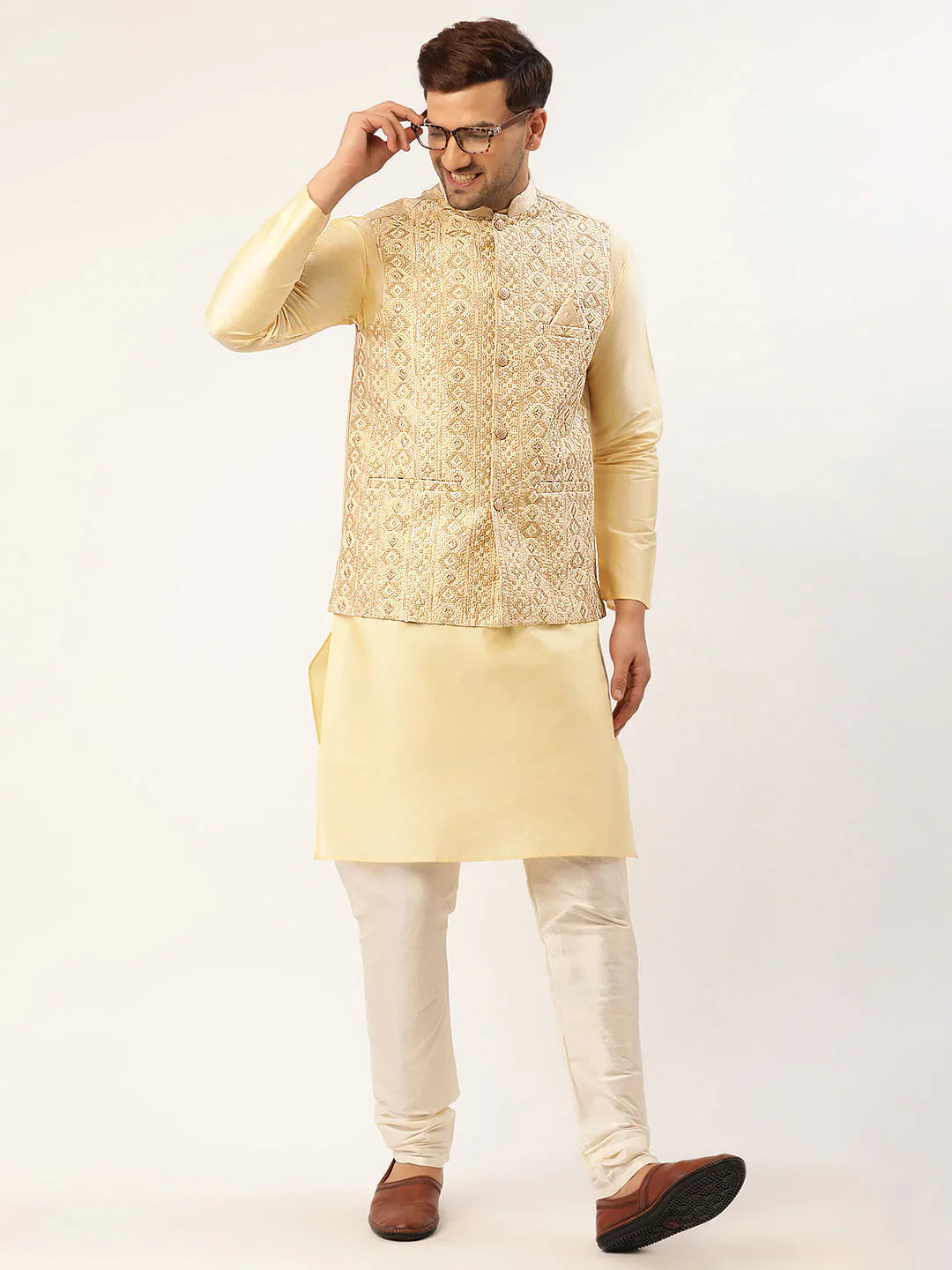 Jompers Men's Cream & Gold Embroidered Woven Nehru Jacket - Distacart