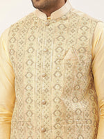 Thumbnail for Jompers Men's Cream & Gold Embroidered Woven Nehru Jacket - Distacart