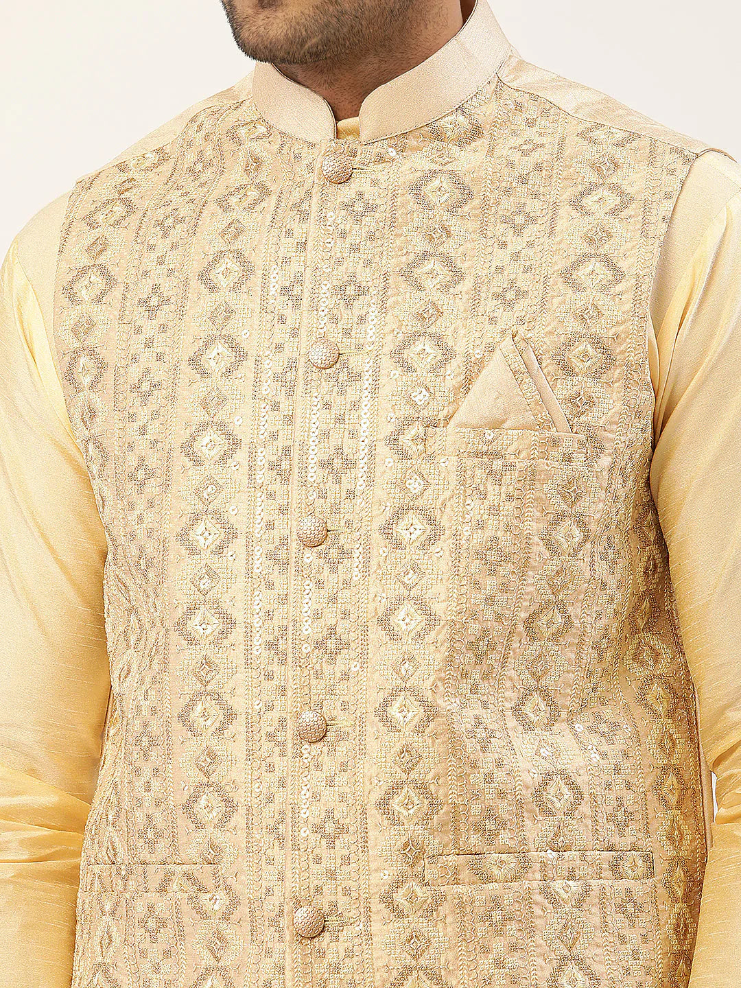 Jompers Men's Cream & Gold Embroidered Woven Nehru Jacket - Distacart