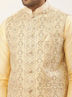Thumbnail for Jompers Men's Cream & Gold Embroidered Woven Nehru Jacket - Distacart