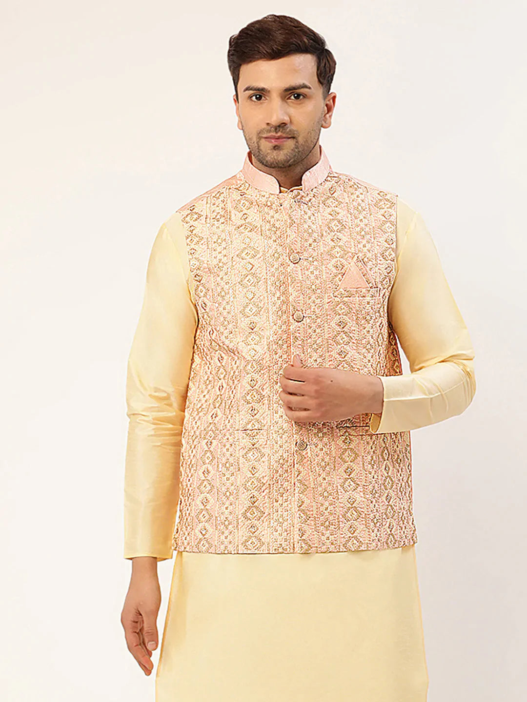 Jompers Men's Pink & Gold Embroidered Woven Nehru Jacket - Distacart