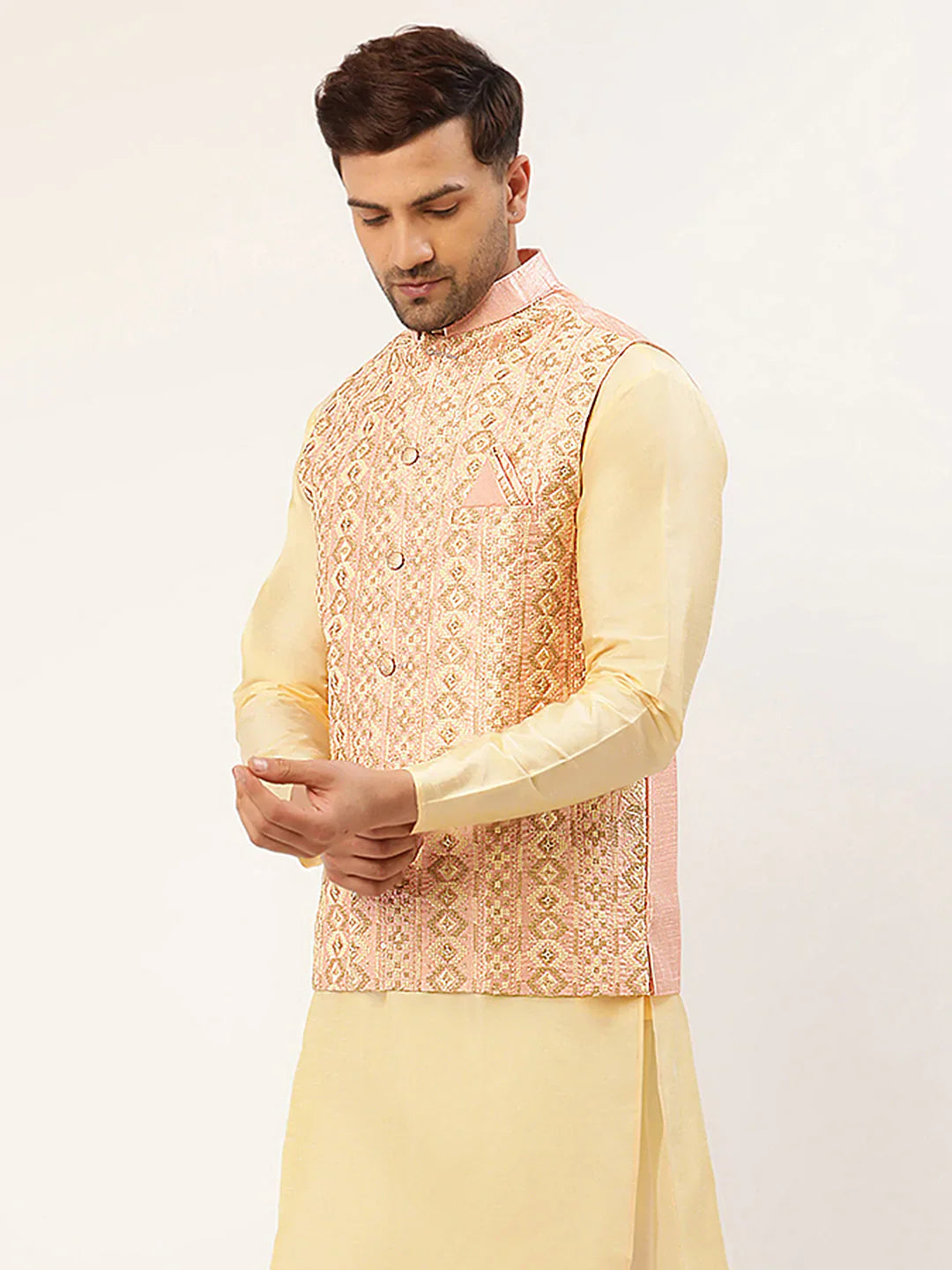 Jompers Men's Pink & Gold Embroidered Woven Nehru Jacket - Distacart