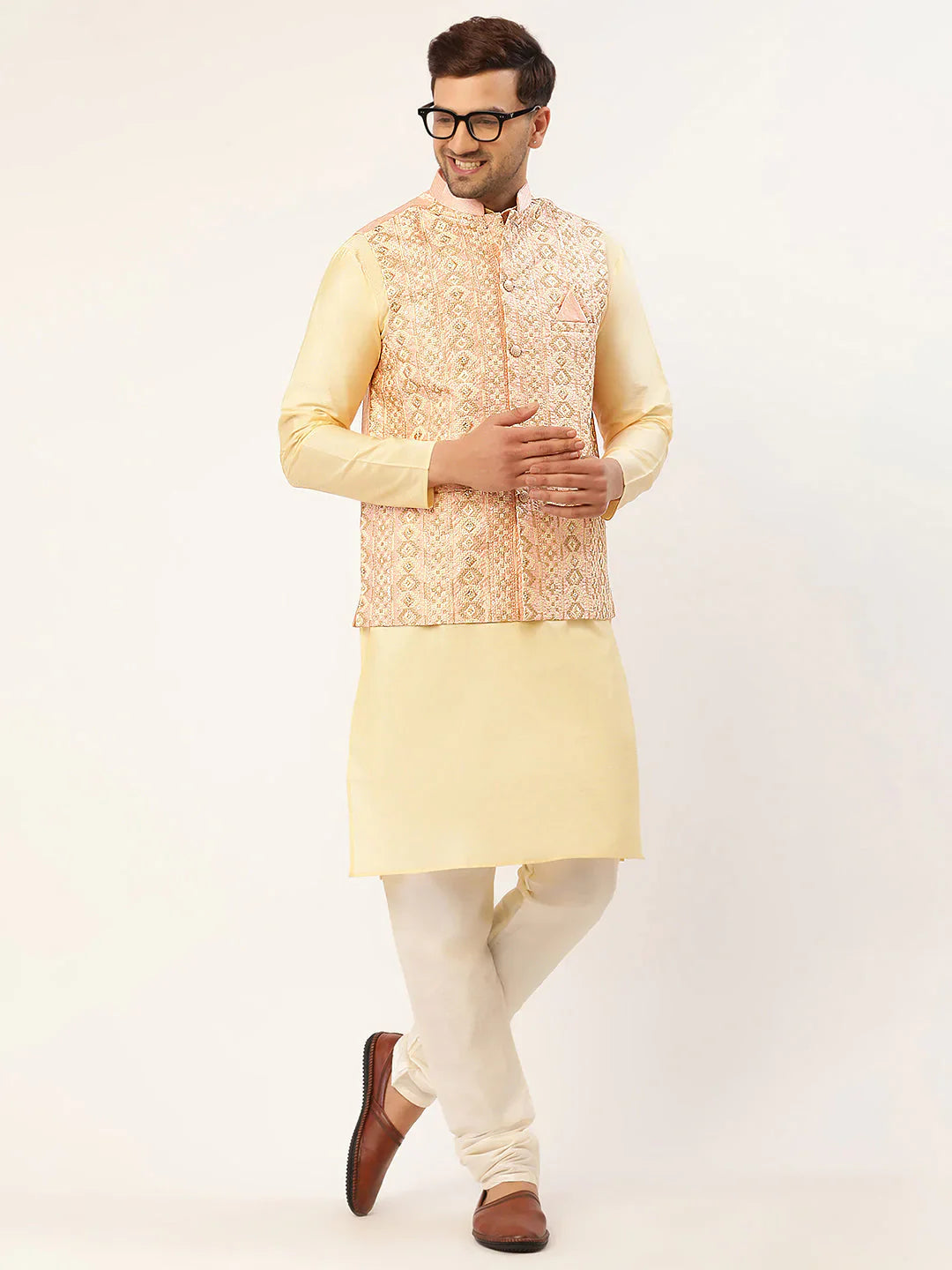 Jompers Men's Pink & Gold Embroidered Woven Nehru Jacket - Distacart