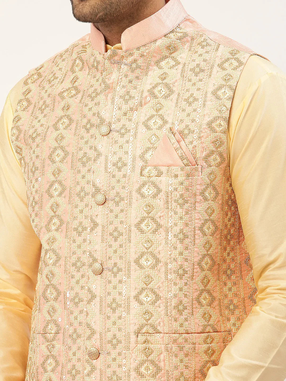 Jompers Men's Pink & Gold Embroidered Woven Nehru Jacket - Distacart