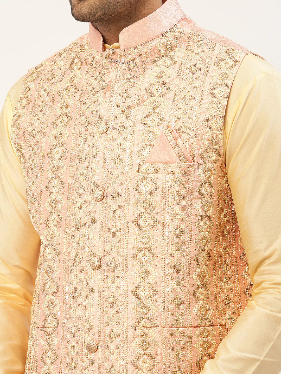 Jompers Men's Pink & Gold Embroidered Woven Nehru Jacket - Distacart