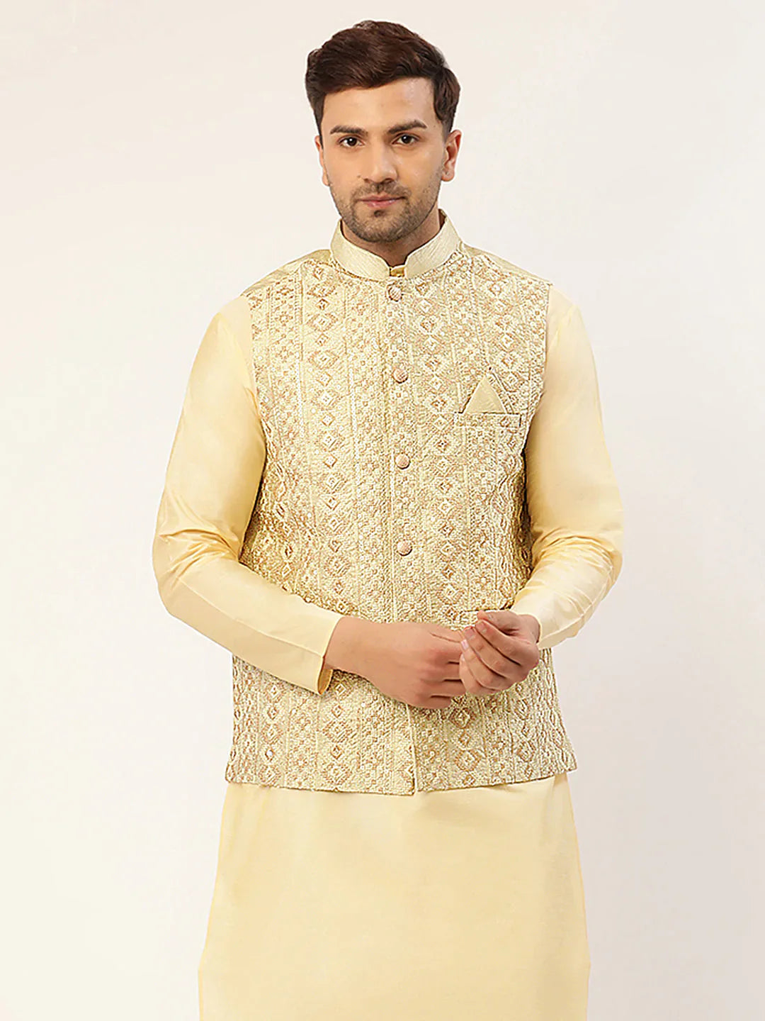 Jompers Men's Pista Green & Gold Embroidered Woven Nehru Jacket - Distacart