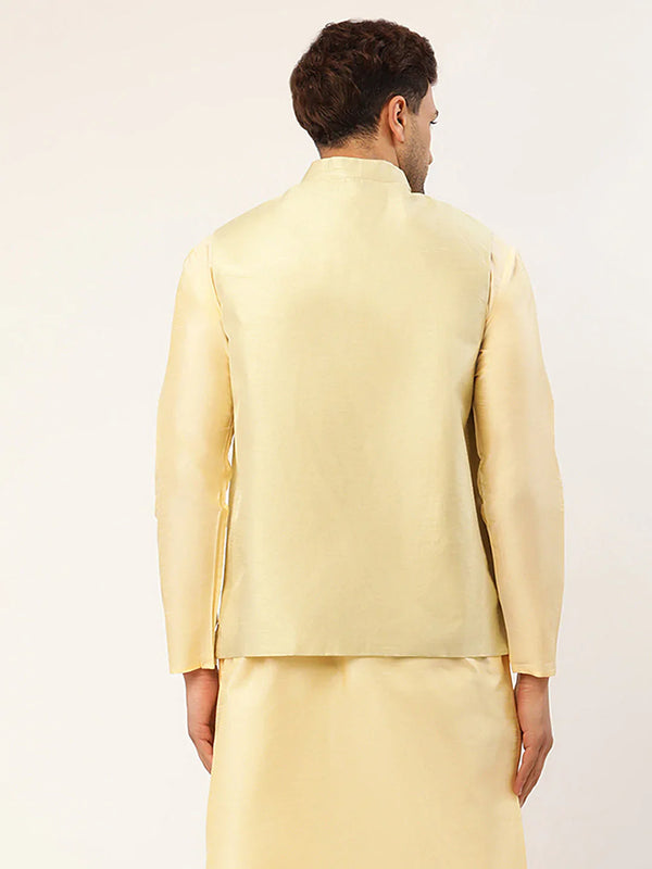 Jompers Men's Pista Green & Gold Embroidered Woven Nehru Jacket - Distacart