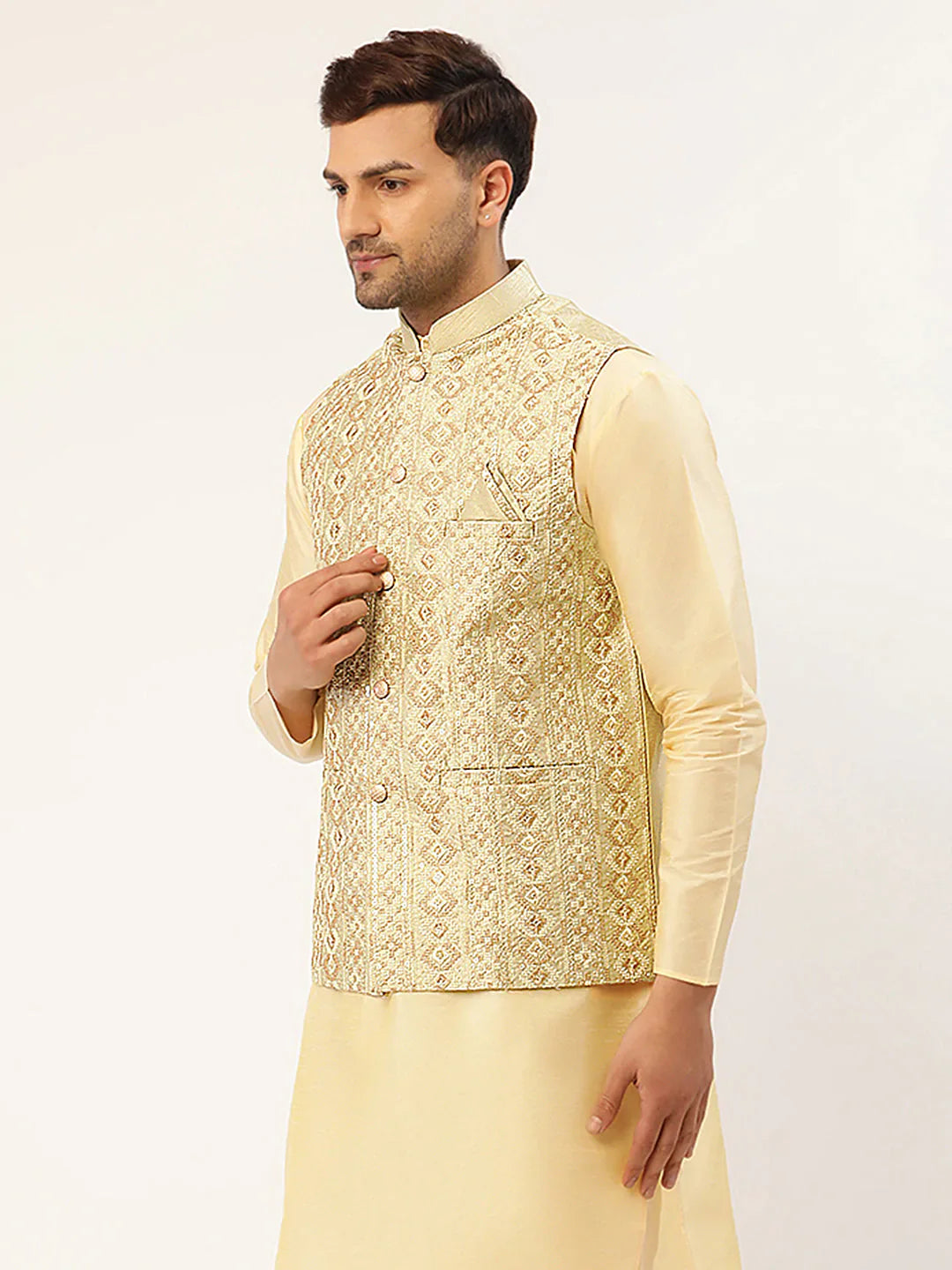 Jompers Men's Pista Green & Gold Embroidered Woven Nehru Jacket - Distacart