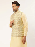 Thumbnail for Jompers Men's Pista Green & Gold Embroidered Woven Nehru Jacket - Distacart