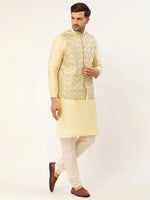 Thumbnail for Jompers Men's Pista Green & Gold Embroidered Woven Nehru Jacket - Distacart