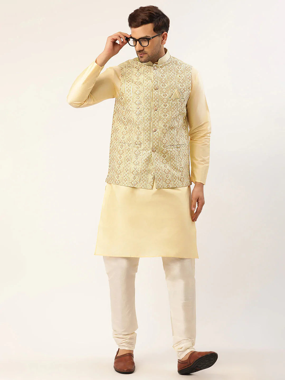 Jompers Men's Pista Green & Gold Embroidered Woven Nehru Jacket - Distacart
