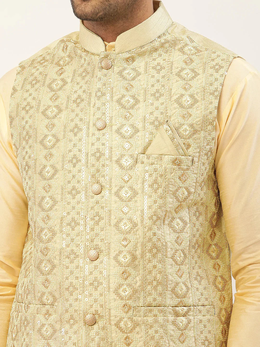 Jompers Men's Pista Green & Gold Embroidered Woven Nehru Jacket - Distacart