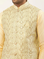 Thumbnail for Jompers Men's Pista Green & Gold Embroidered Woven Nehru Jacket - Distacart