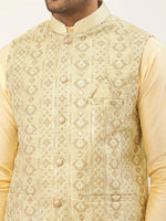 Thumbnail for Jompers Men's Pista Green & Gold Embroidered Woven Nehru Jacket - Distacart