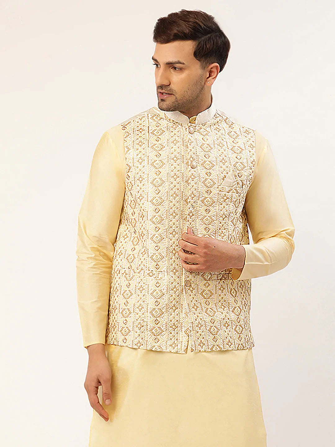 Jompers Men's White & Gold Embroidered Woven Nehru Jacket - Distacart