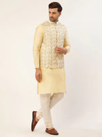 Thumbnail for Jompers Men's White & Gold Embroidered Woven Nehru Jacket - Distacart