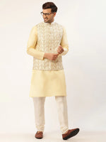 Thumbnail for Jompers Men's White & Gold Embroidered Woven Nehru Jacket - Distacart