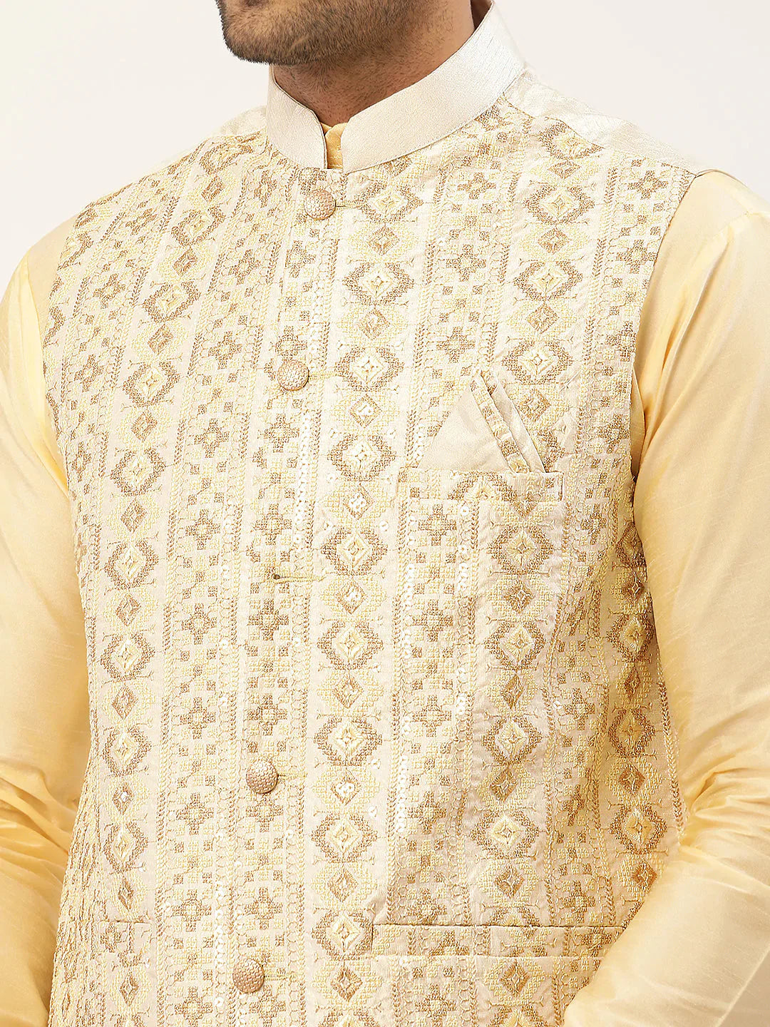 Jompers Men's White & Gold Embroidered Woven Nehru Jacket - Distacart