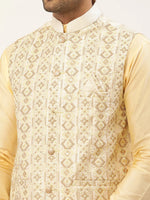 Thumbnail for Jompers Men's White & Gold Embroidered Woven Nehru Jacket - Distacart