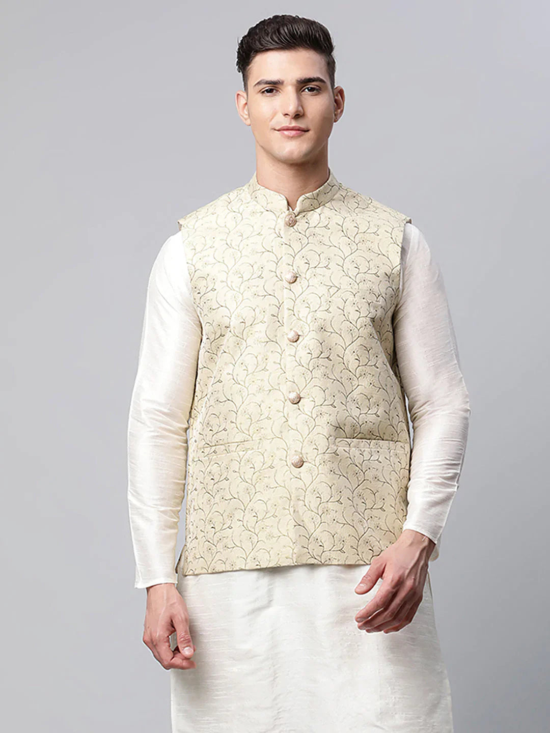 Jompers Men's Beige Printed textured Nehru Jacket - Distacart