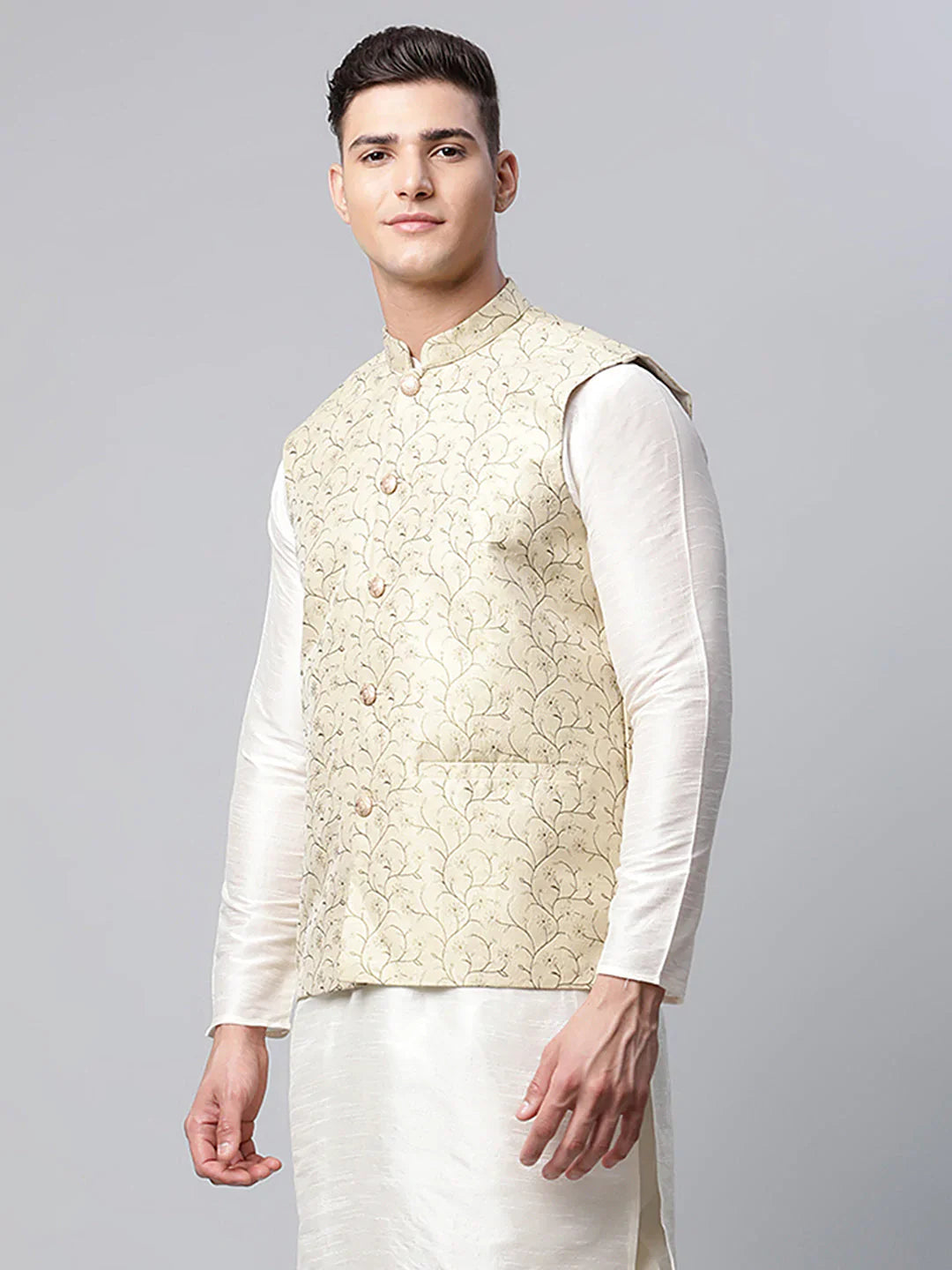 Jompers Men's Beige Printed textured Nehru Jacket - Distacart