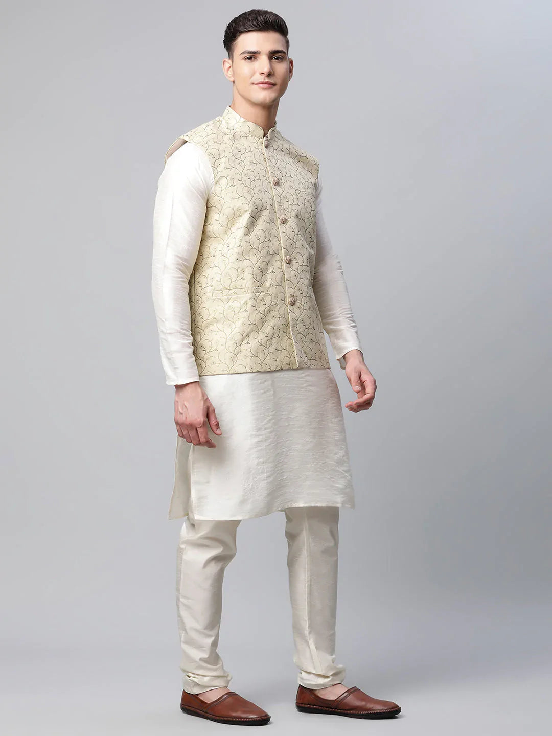 Jompers Men's Beige Printed textured Nehru Jacket - Distacart