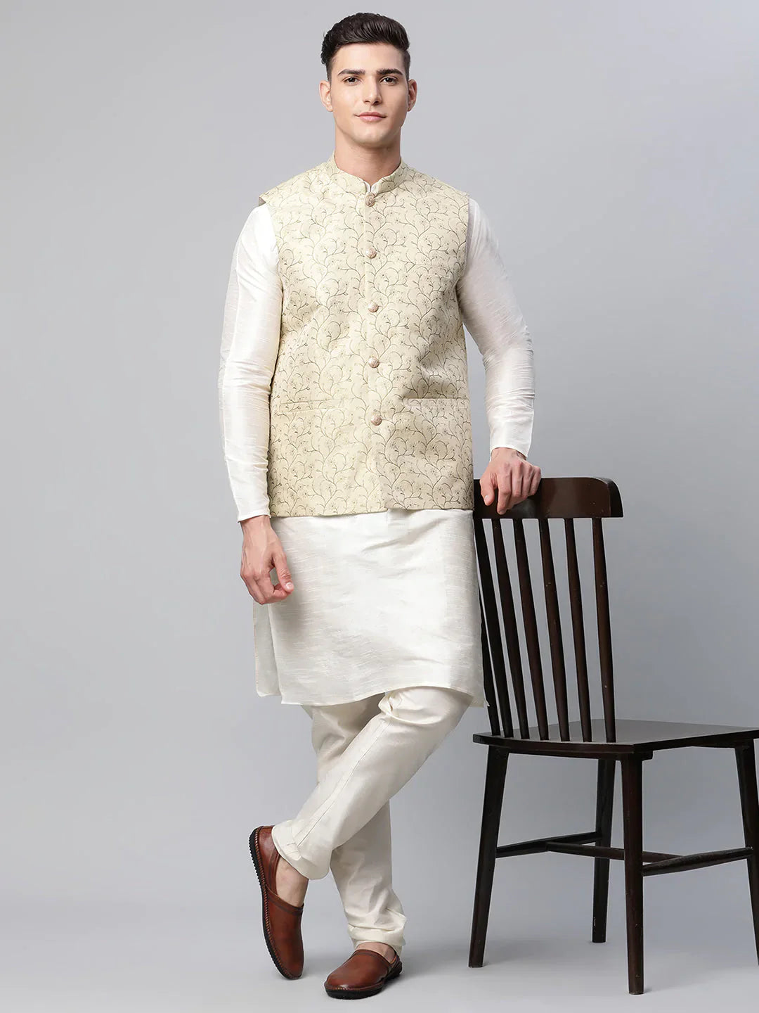 Jompers Men's Beige Printed textured Nehru Jacket - Distacart