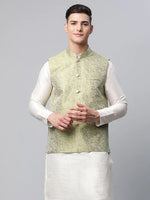 Thumbnail for Jompers Men's Pista Green Printed textured Nehru Jacket - Distacart