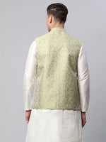 Thumbnail for Jompers Men's Pista Green Printed textured Nehru Jacket - Distacart