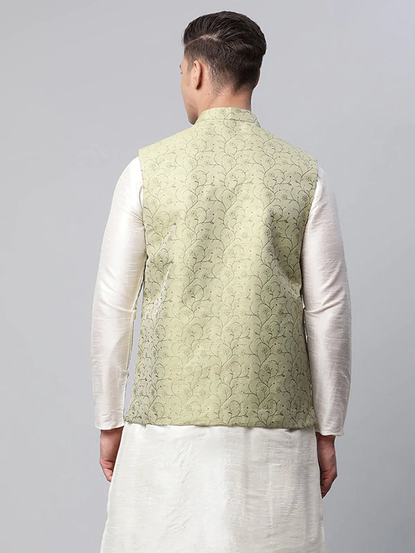 Jompers Men's Pista Green Printed textured Nehru Jacket - Distacart