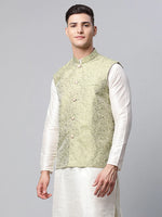 Thumbnail for Jompers Men's Pista Green Printed textured Nehru Jacket - Distacart