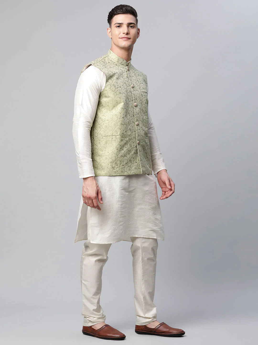 Jompers Men's Pista Green Printed textured Nehru Jacket - Distacart
