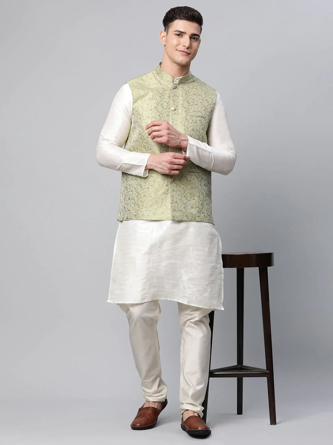 Jompers Men's Pista Green Printed textured Nehru Jacket - Distacart