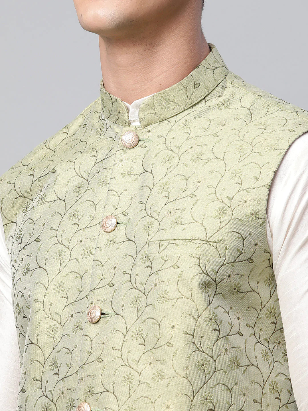Jompers Men's Pista Green Printed textured Nehru Jacket - Distacart