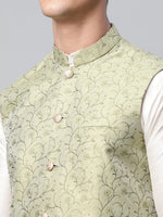 Thumbnail for Jompers Men's Pista Green Printed textured Nehru Jacket - Distacart