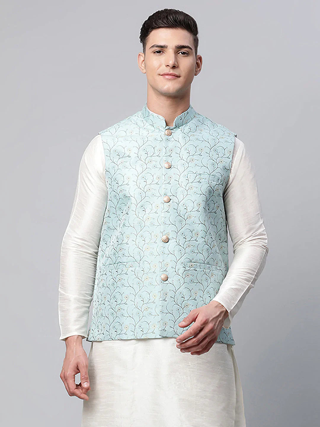 Jompers Men's Sky Blue Printed textured Nehru Jacket - Distacart