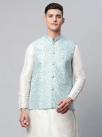 Thumbnail for Jompers Men's Sky Blue Printed textured Nehru Jacket - Distacart