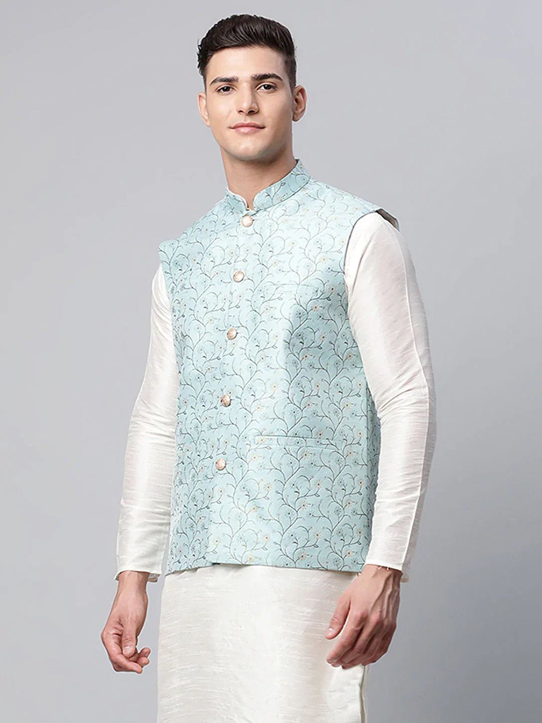 Jompers Men's Sky Blue Printed textured Nehru Jacket - Distacart