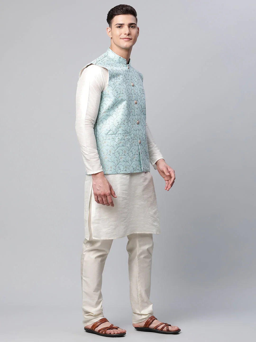 Jompers Men's Sky Blue Printed textured Nehru Jacket - Distacart