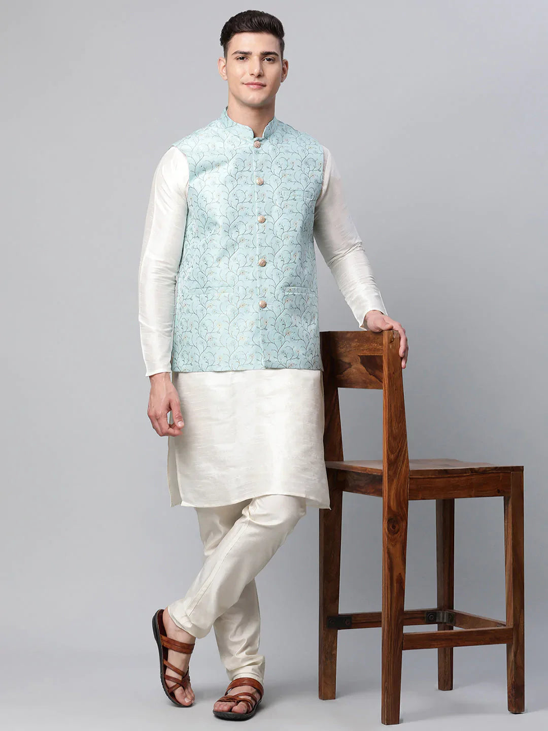 Jompers Men's Sky Blue Printed textured Nehru Jacket - Distacart