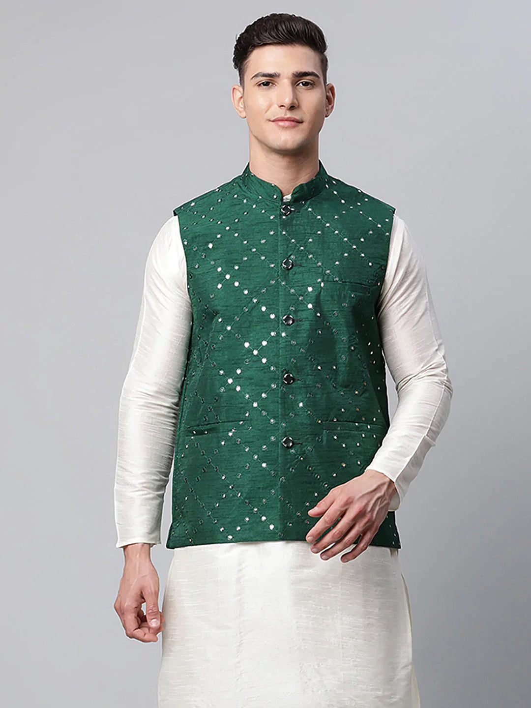 Jompers Men's Green Mirror Work Embroidered Nehru Jacket - Distacart