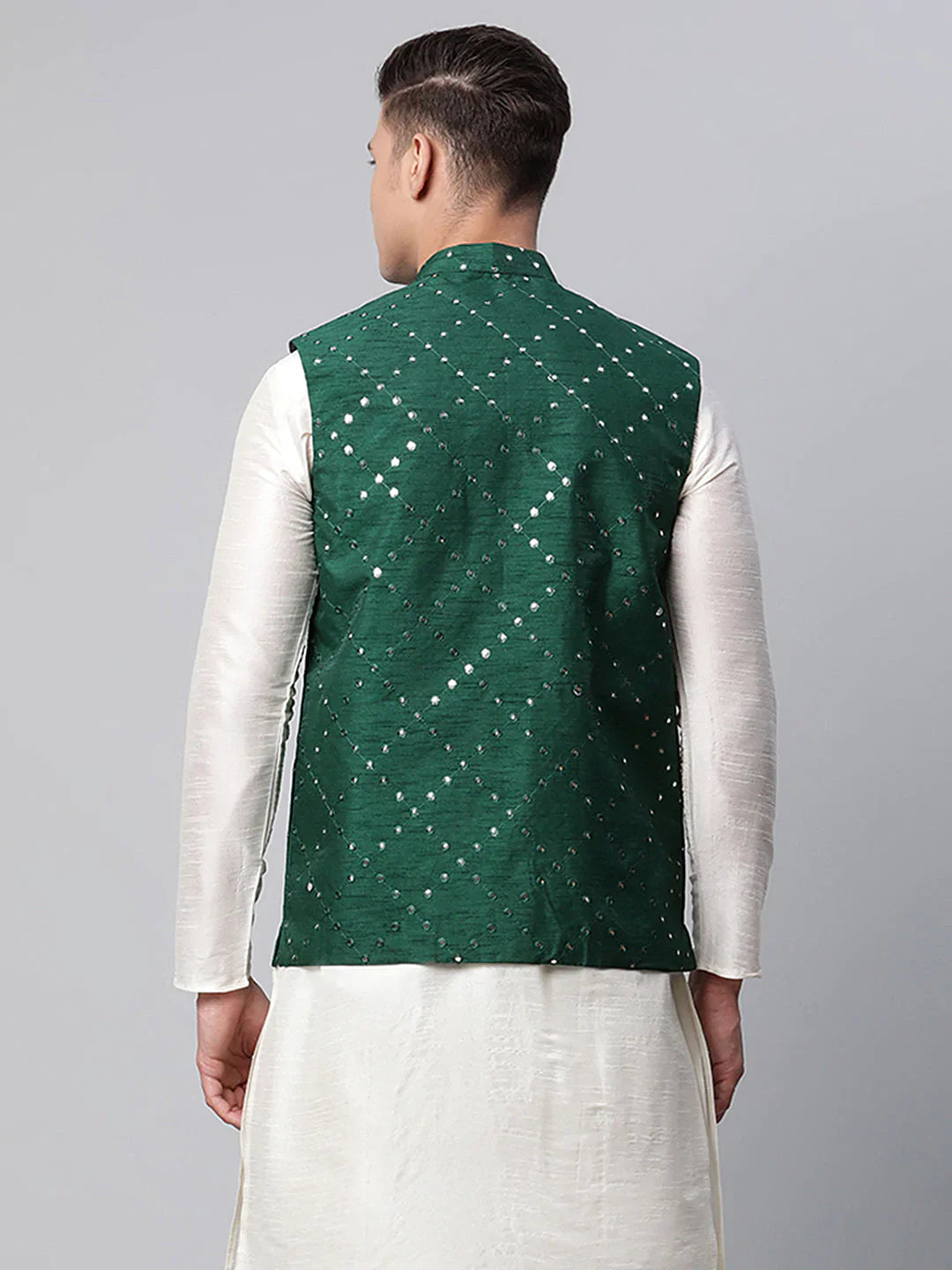 Jompers Men's Green Mirror Work Embroidered Nehru Jacket - Distacart