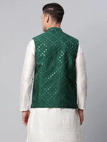 Thumbnail for Jompers Men's Green Mirror Work Embroidered Nehru Jacket - Distacart