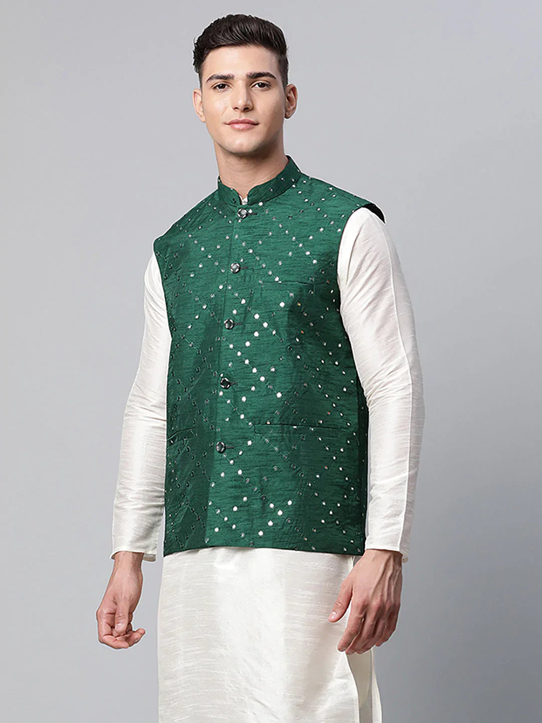 Jompers Men's Green Mirror Work Embroidered Nehru Jacket - Distacart