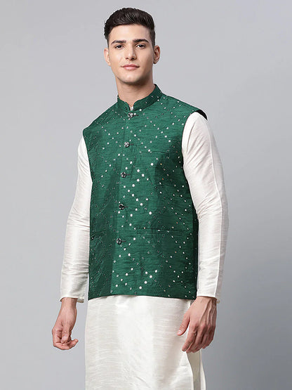 Jompers Men's Green Mirror Work Embroidered Nehru Jacket - Distacart